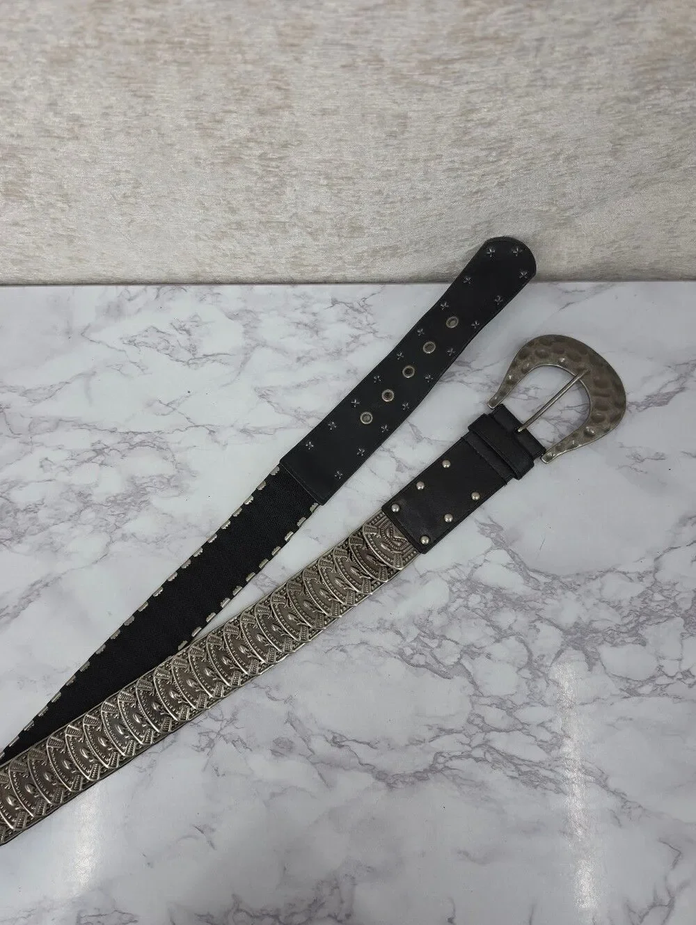 Black Stretch Belt Fishscale Oversized Hammered Metal Style Buckle Studded